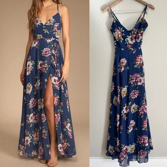 NWOT Always There For Me Navy Blue Floral Print Wrap Maxi Dress - Picture 1 of 7